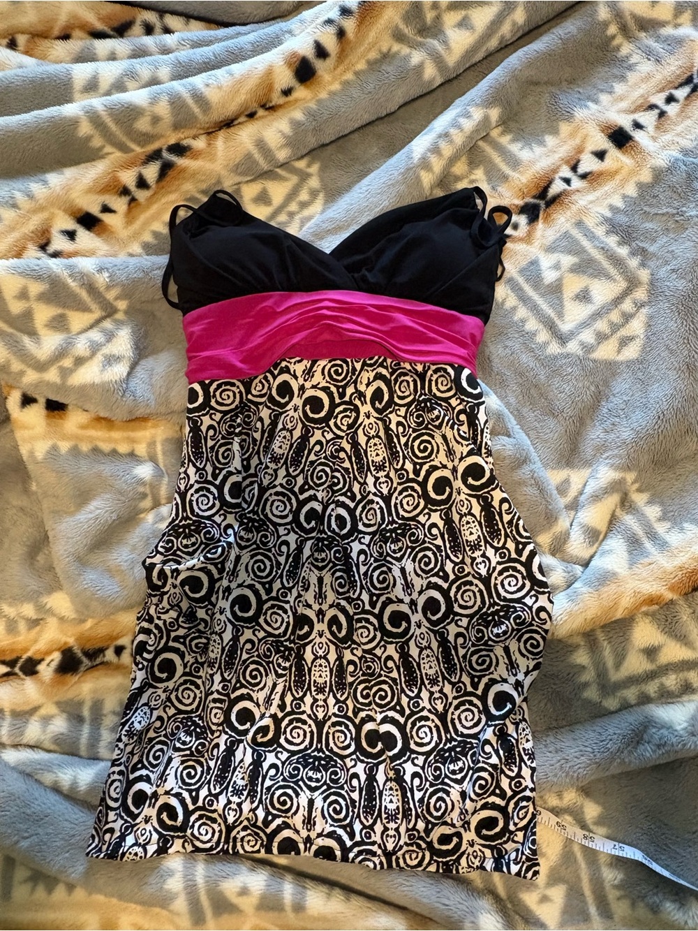 Black & Fuchsia Empire Waist Mini Dress with Graphic Skirt